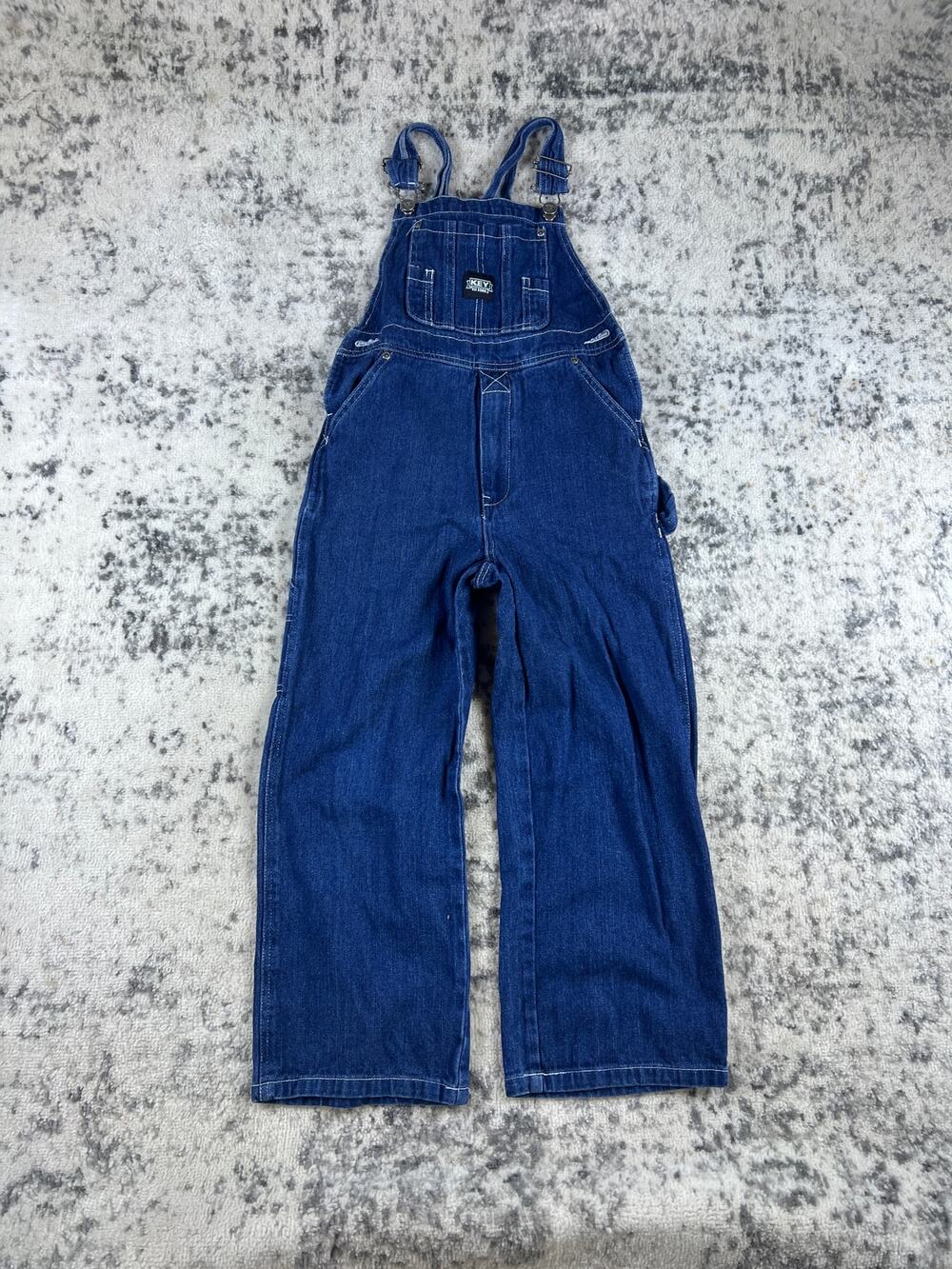 VTG Key Denim Overalls Youth Sz 8 Dark Blue Farm Workwear Coveralls 90s